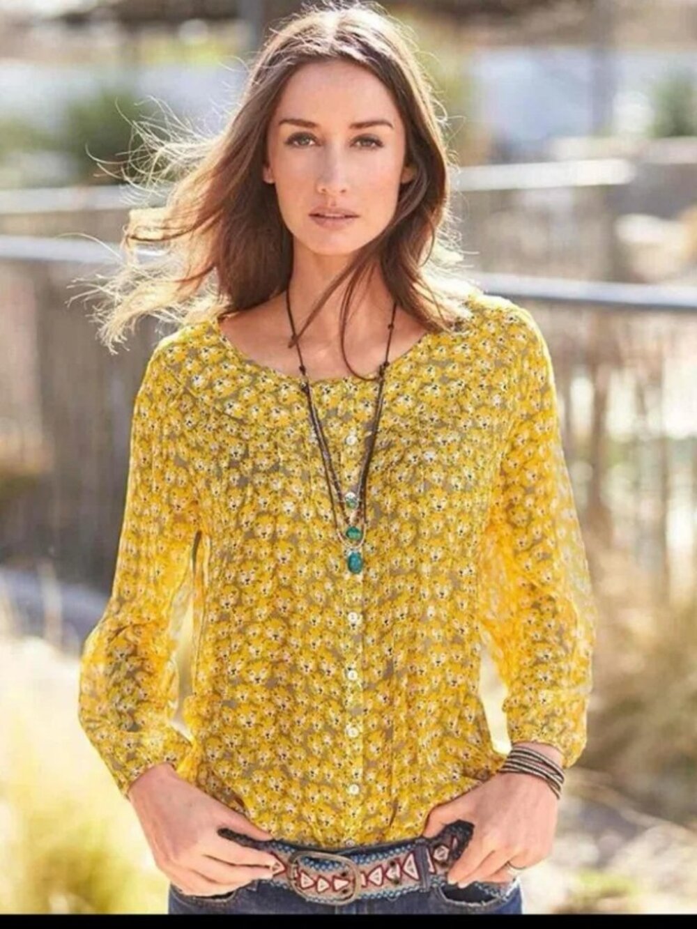 Sundance- 100% Silk Lion Print Long Sleeve Button Up Katanga Blouse in Yellow
